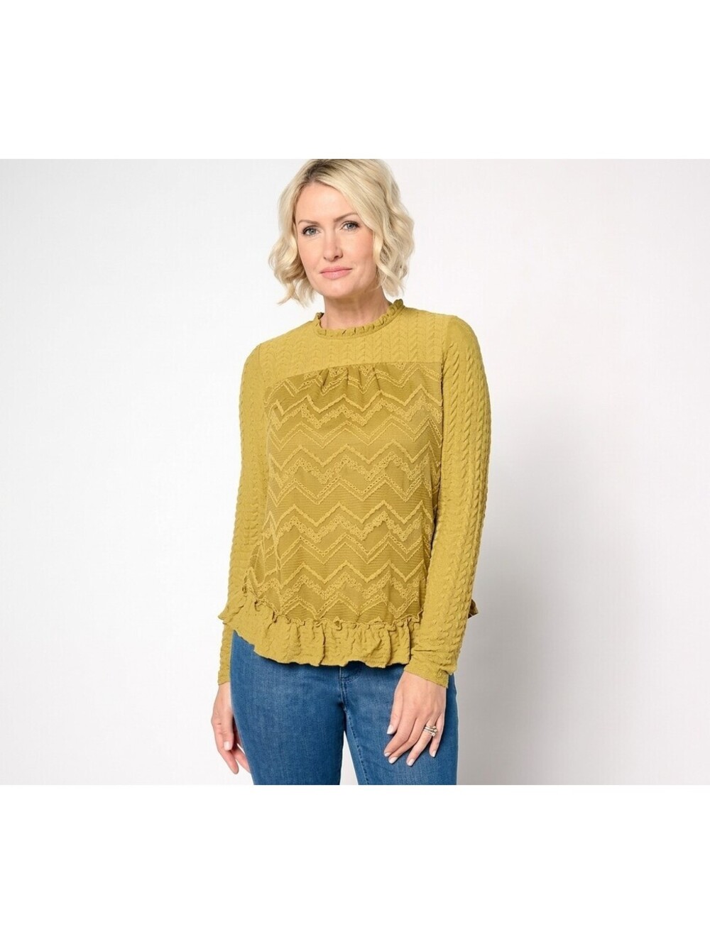 LOGO Lavish by Lori Goldstein Long Sleeve Crew Neck Lace Top Golden Olive, 2X